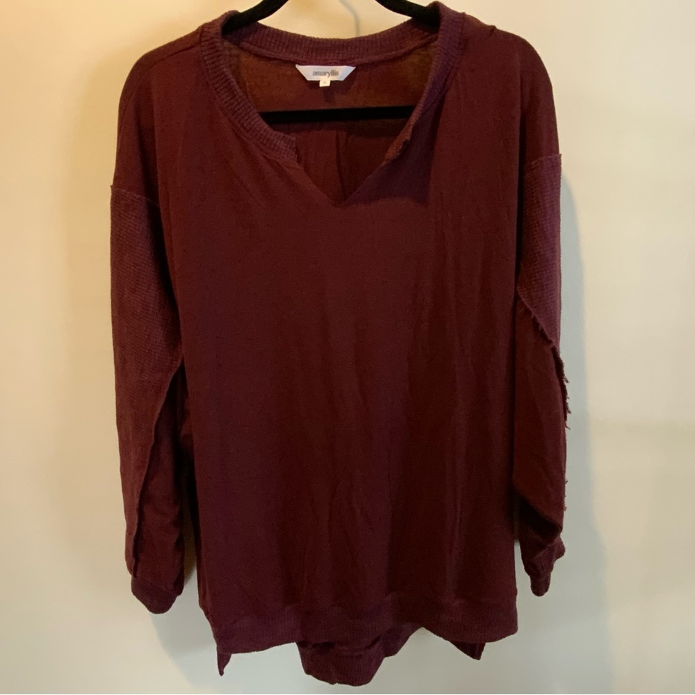 Burgundy, hi-low hem, long sleeve with raw textured patches, v neck shirt